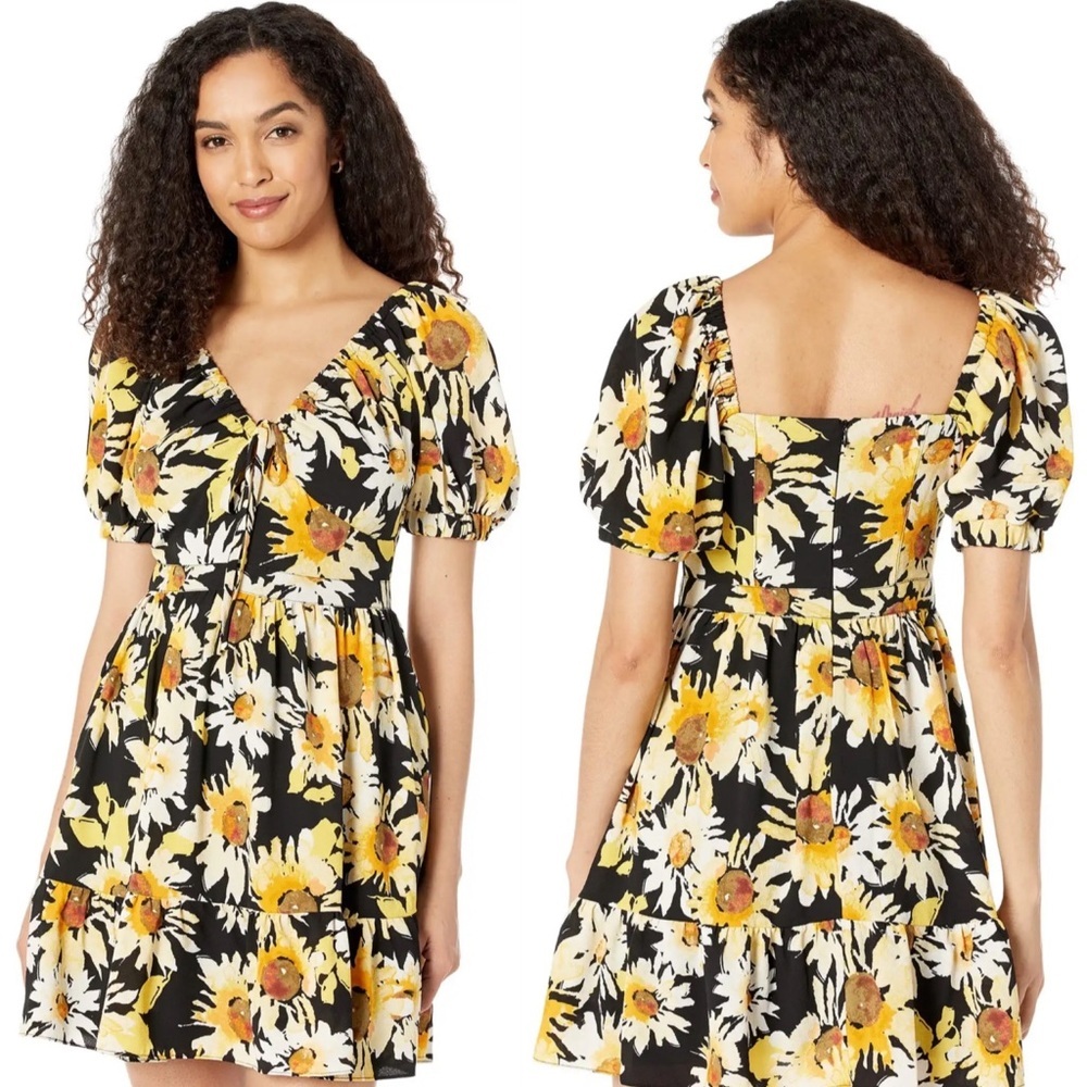 NEW Donna Morgan Puff Sleeve Sunflower Mini Dress Size 0 Yellow Black Bohemian